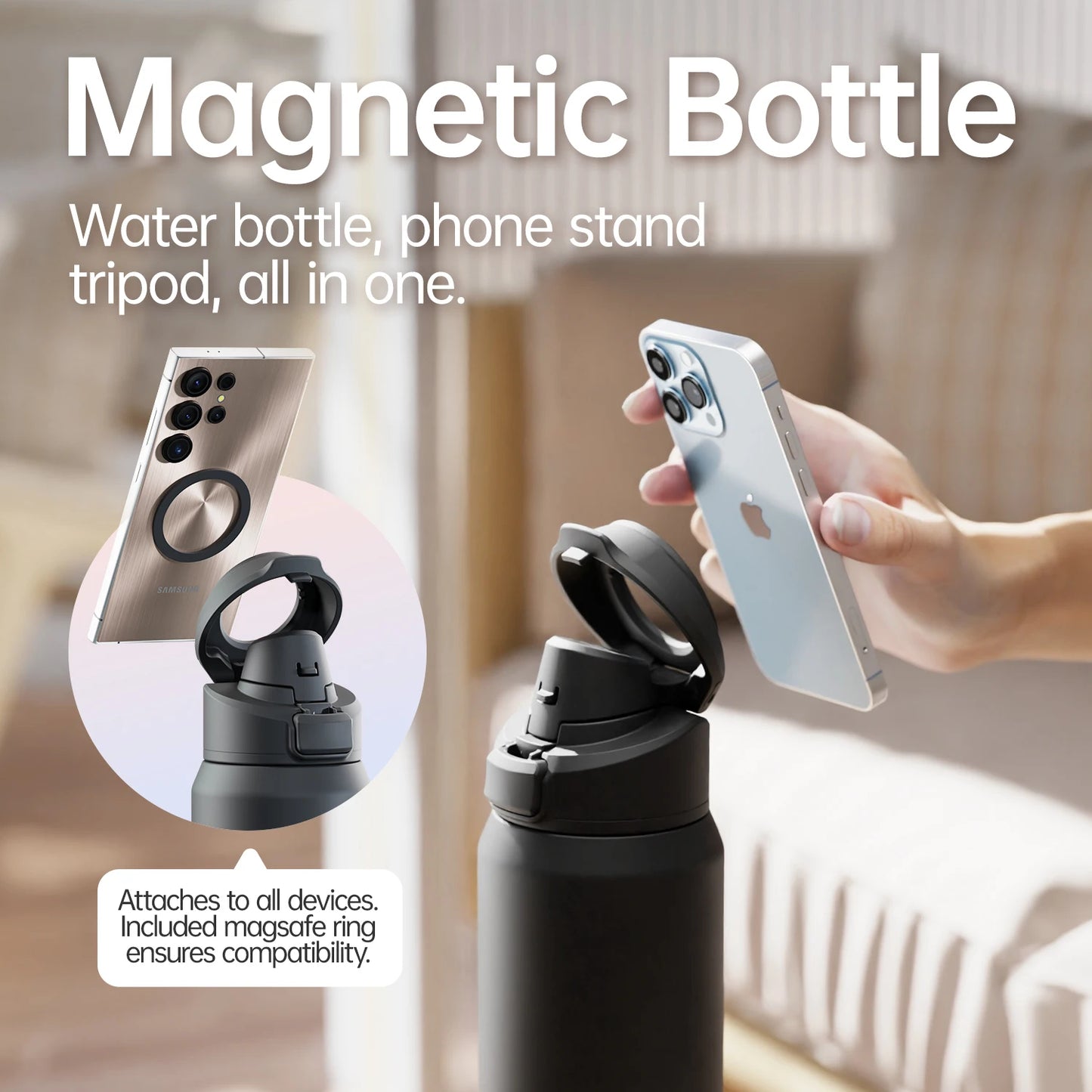 Stainless Steel Insulated Bottle with Magnetic Phone Holder
